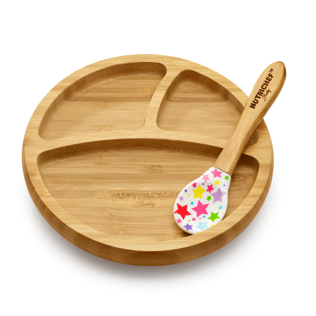 NutriChef Baby and Toddler plate - silicon suction 3 compartment Non-toxic All-natural Bamboo Baby Food plate (Stars)
