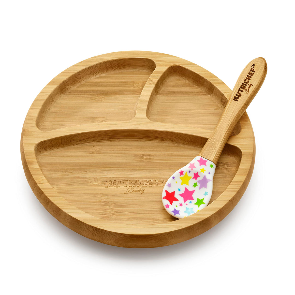 NutriChef Baby and Toddler plate - silicon suction 3 compartment Non-toxic All-natural Bamboo Baby Food plate (Stars)